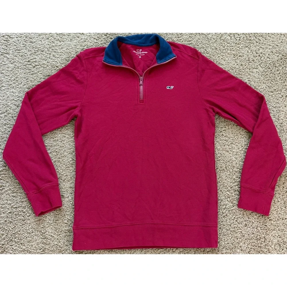 Vineyard Vines Mens XS Red Cotton Pique Quarter Zip Pullover Sweater Navy Trim
